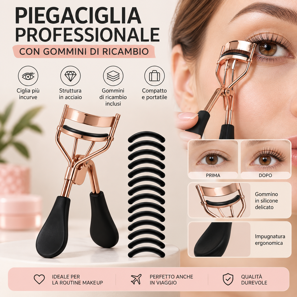Piegaciglia Professionale con Gommini di Ricambio